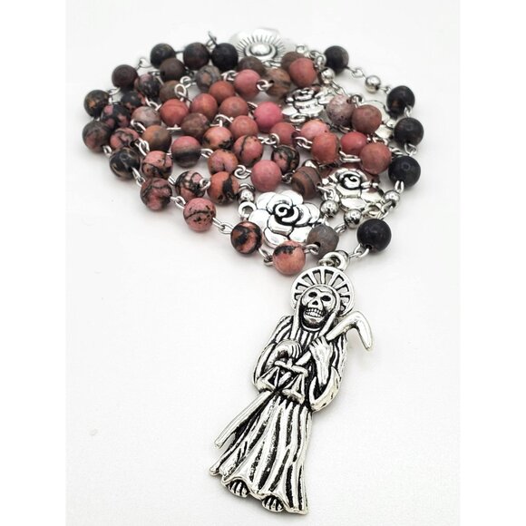 Handmade Rhodonite Santa Muerte Rosary. Holy Death Amulet Talisman Prayer Beads. - Picture 2 of 10